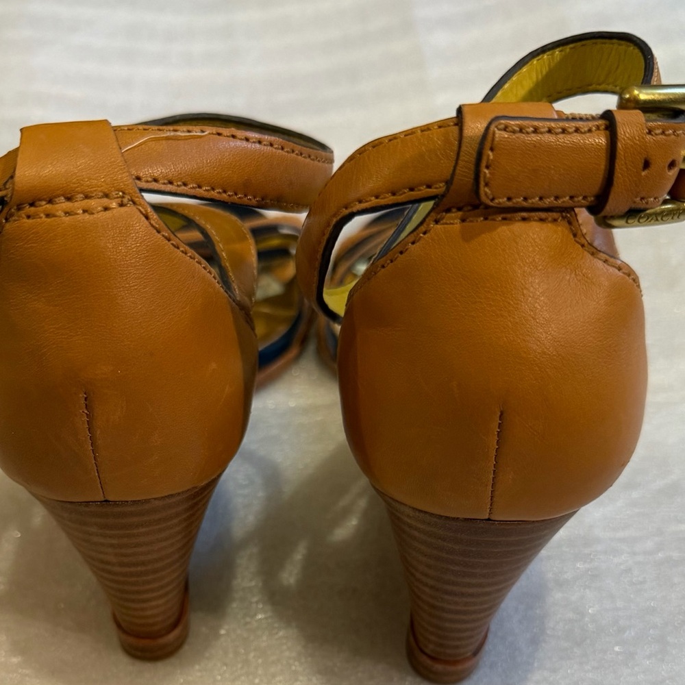 Coach CORETTA VEGAN Leather Wedge Heels in ginTan and Gold Strappy Heels in Ging - Picture 8 of 13